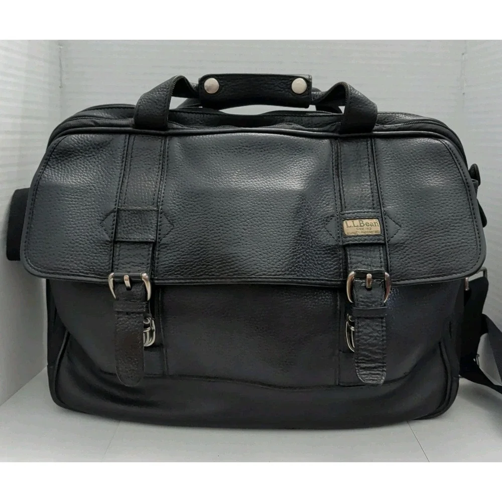 Vtg L.L. Bean Black Pebbled Leather Messenger Bag Satchel Casual Travel Laptop